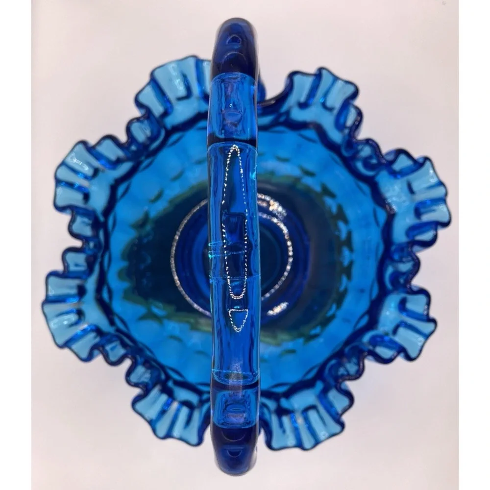 1950s Vintage Fenton Thumbprint Colonial Cobalt Blue Ruffled 8” Glass Basket